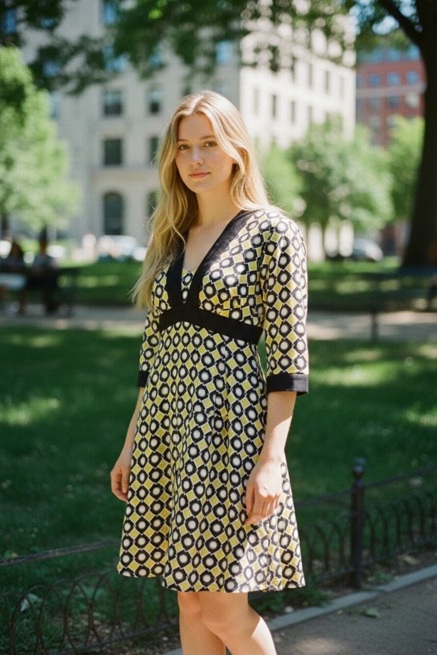 Milly New York Yellow Black Geometric Print V-neck Silk Dress Size 2